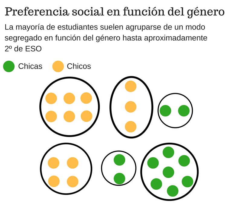 Se muestra una infografica en la que se ejemplifica que los alumnos tienden a justarse naturamente también por sexo hasta 2º de la ESO