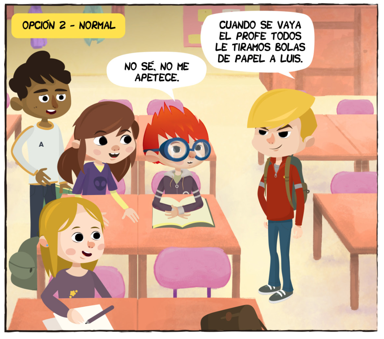 Comic en el que se muestra a dos personaje con conductas asertivas