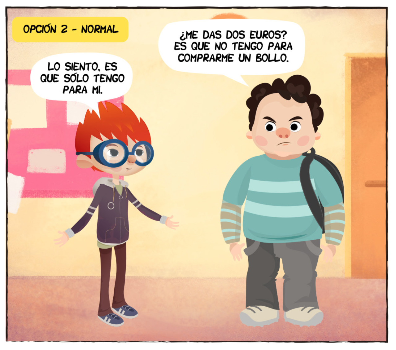 Comic en el que se muestra a dos personaje con conductas asertivas